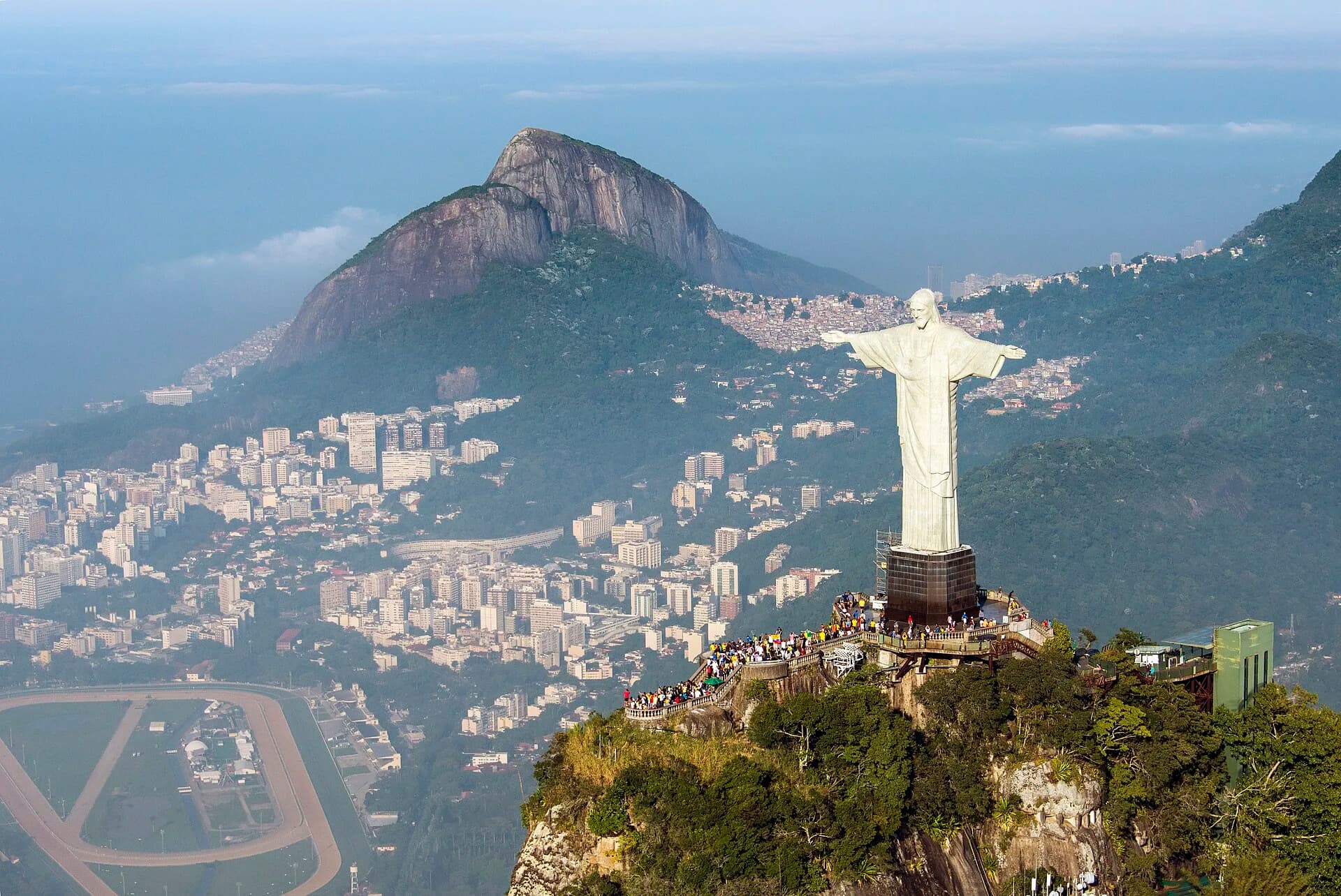 Aerial view of Christ the Redeemer with Dois Irmãos and the city below