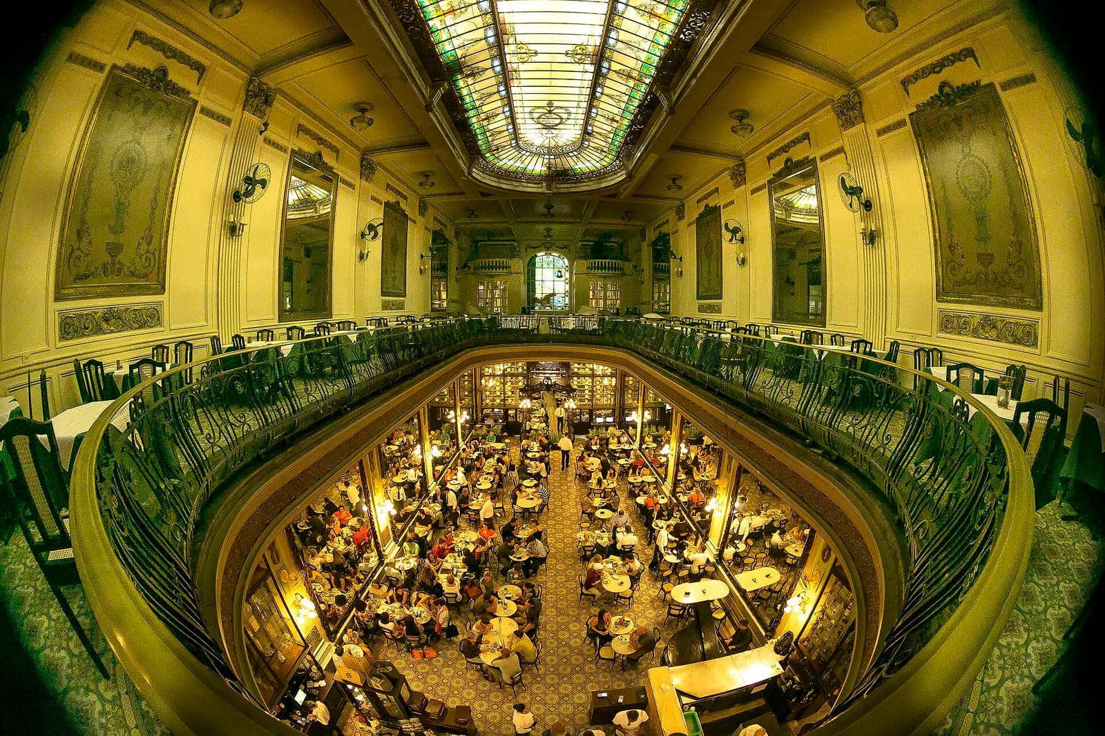 The stained-glass hall of Confeitaria Colombo seen from the balcony
