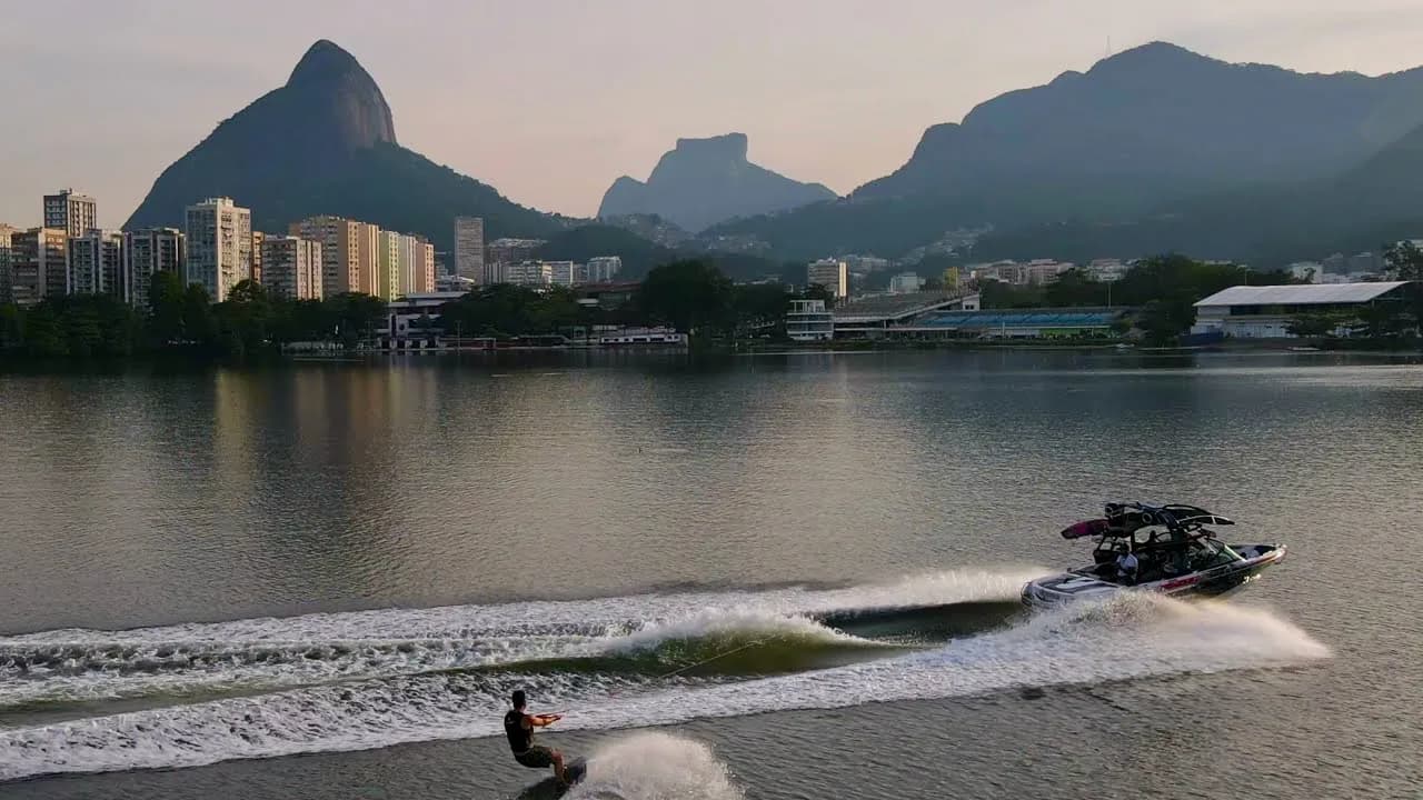 Water skiing on the Lagoa at sunset with Dois Irmãos and Pedra da Gávea behind