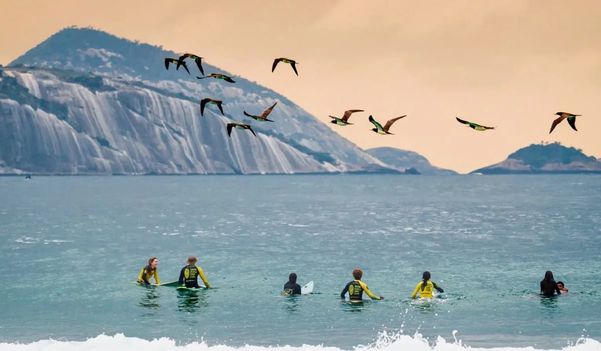 Surfers with Team Bispo in the water at Arpoador
